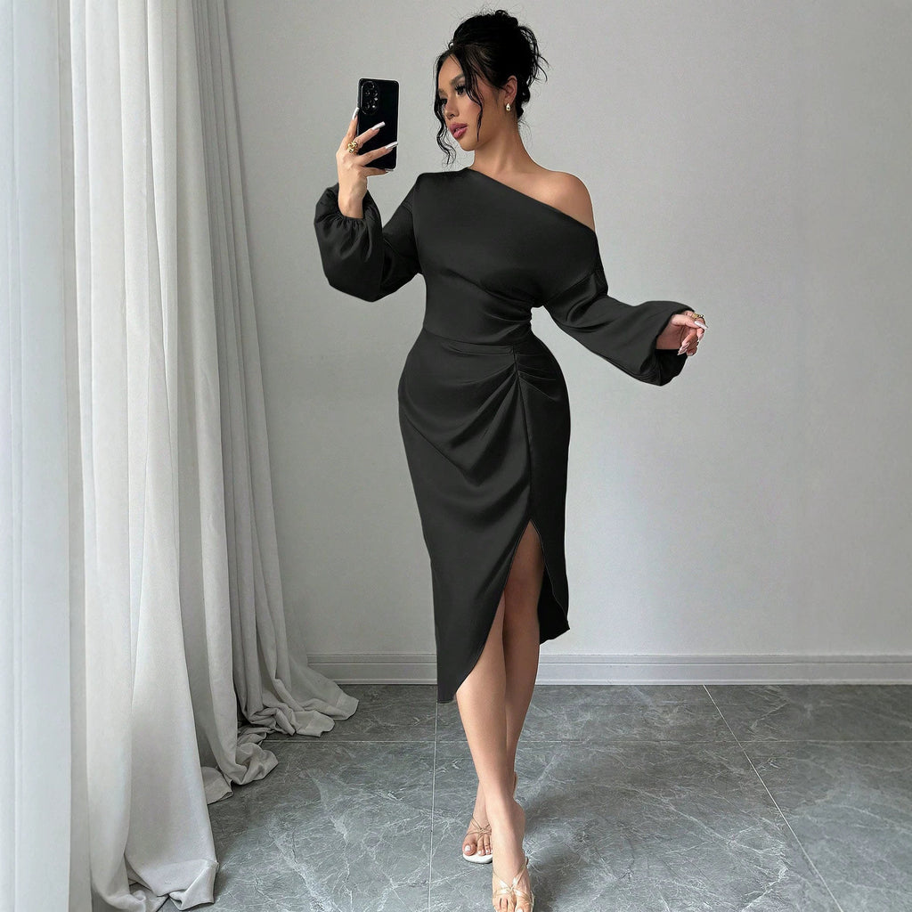 One Shoulder Cold Shoulder Long Sleeve Dress Fitted Waist Pleated Irregular Asymmetric Slit Midi Dress Elegant Evening Dress