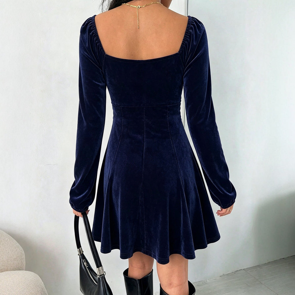 V neck Velvet Women Autumn Winter Puff Sleeve Waist Slimming A line Dress