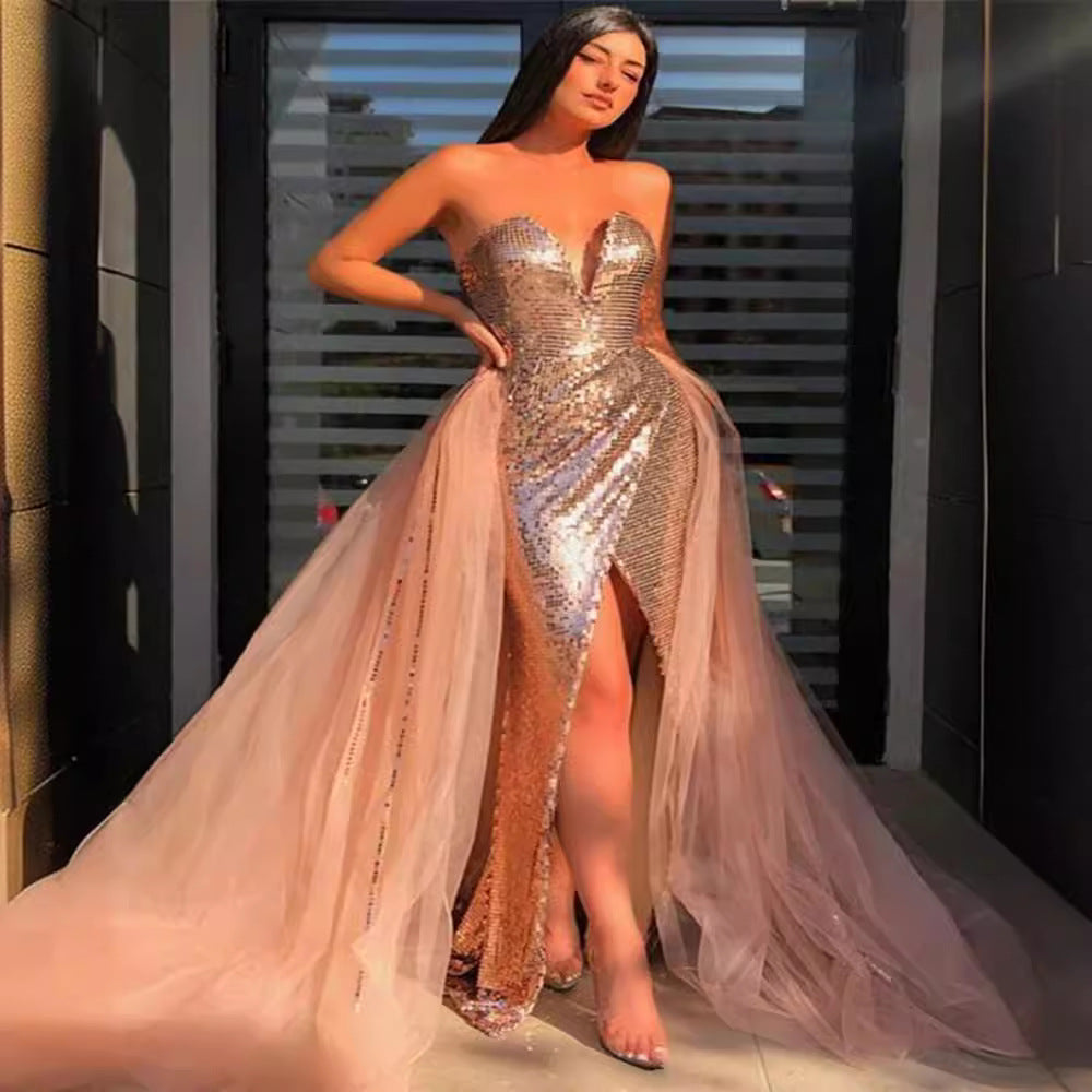 Spring Summer Women Clothing Sexy Bronzing Wrapped Chest Slit Dress Evening Dress