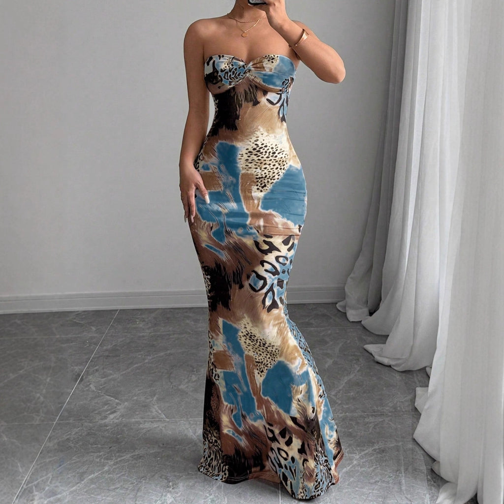 Robe bustier imprimée sexy et pure, sans manches et dos nu, idéale pour l'été.