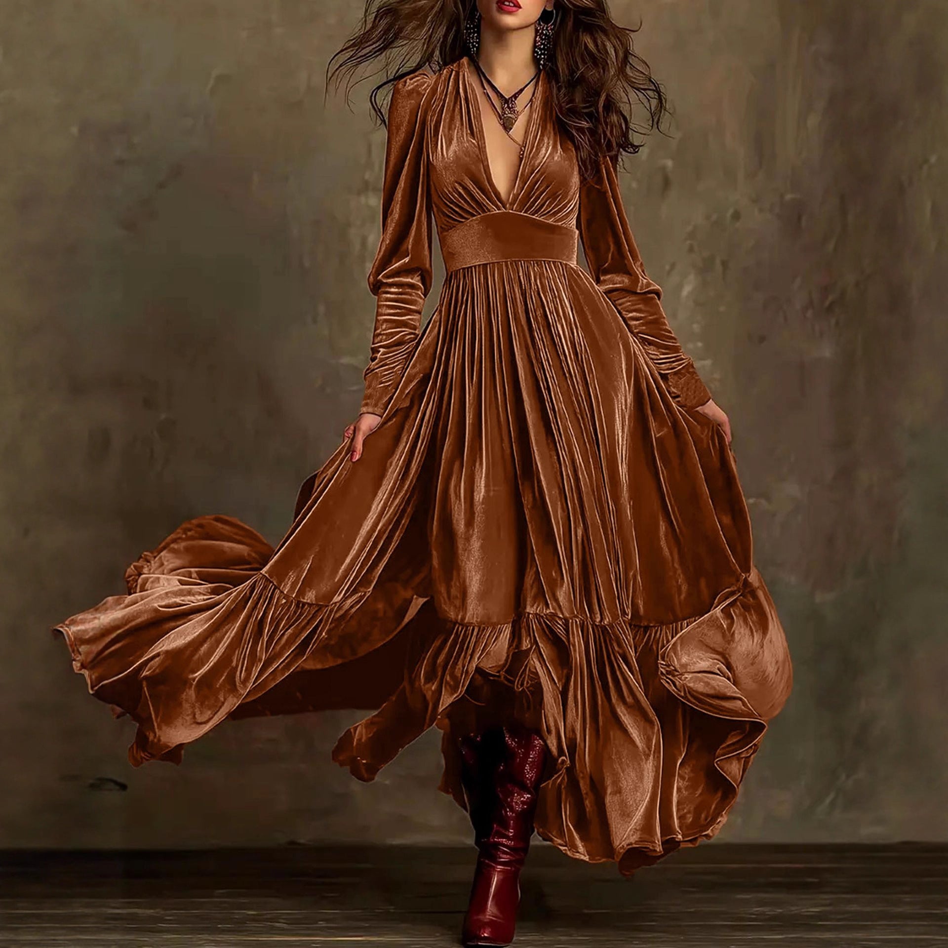 Vestido largo de terciopelo con volantes y escote en V de alta calidad estilo retro de otoño e invierno