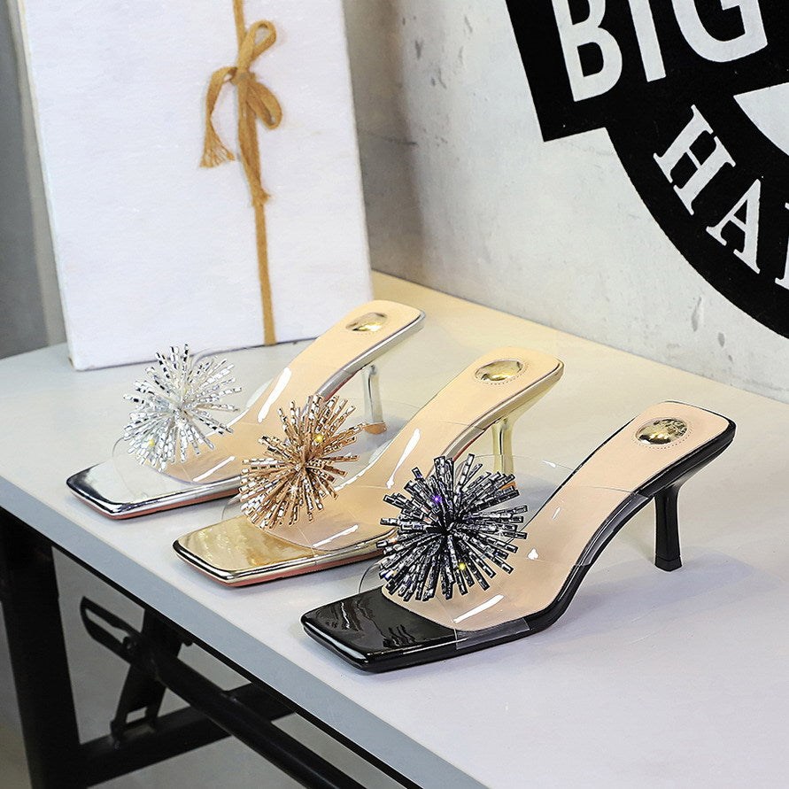 Rhinestone Fireworks Square Toe Open Toe Slippers Women Transparent Slip on Stiletto Heel Outdoor Slippers