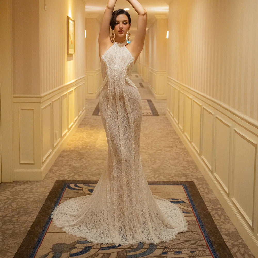 Vestido de novia chino retro de mañana, vestido de novia blanco tipo cheongsam, vestido de noche ajustado.