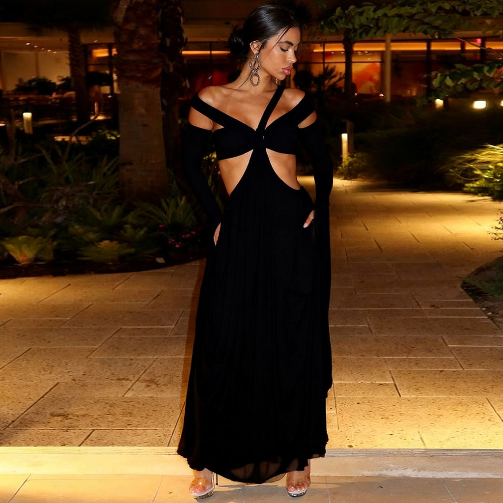Vestido sexy con cuello colgante y mangas largas con costuras de color liso para mujer, otoño e invierno