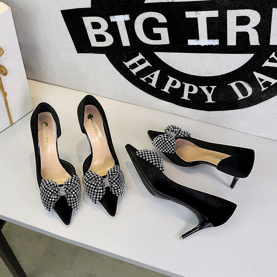 Super Large Rhinestone Bow Pointed Slip on Side Hollow Out Cutout Suede Pumps Women