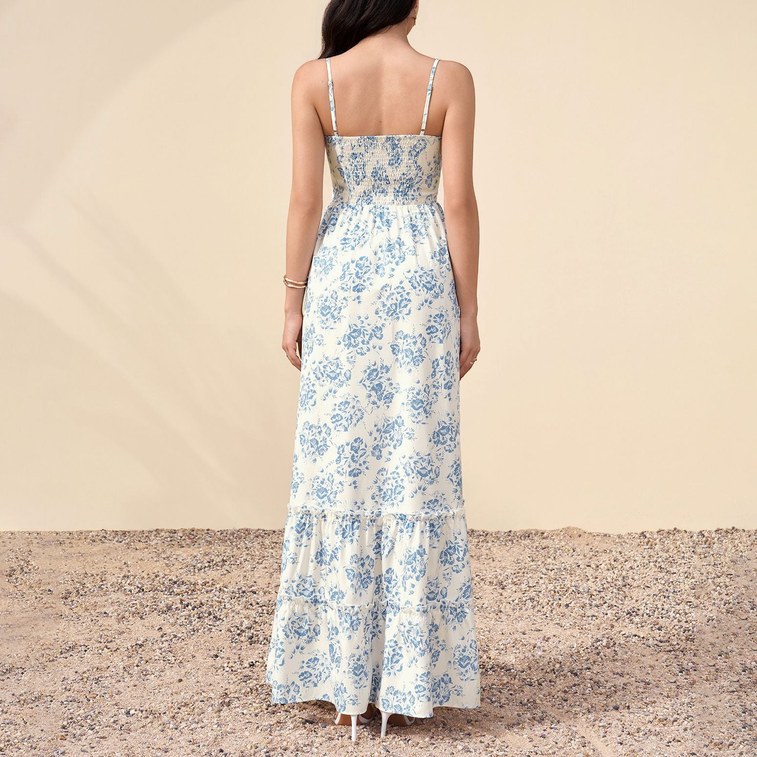 Four Sided Stretch Strap Dress Sexy Printed Wooden Ear Decoration Waist Slimming Maxi Dress