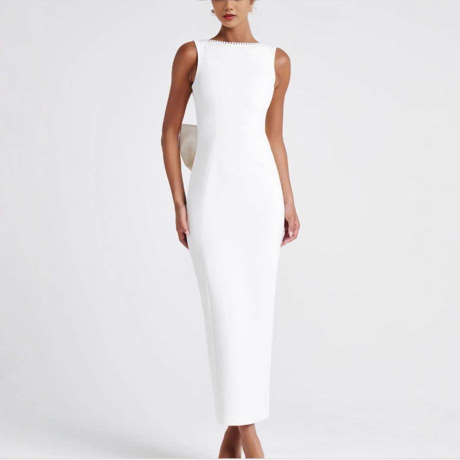 Socialite Black White Contrast Color Sleeveless Dress Spring Summer Sexy Backless Pearl Bow Dress