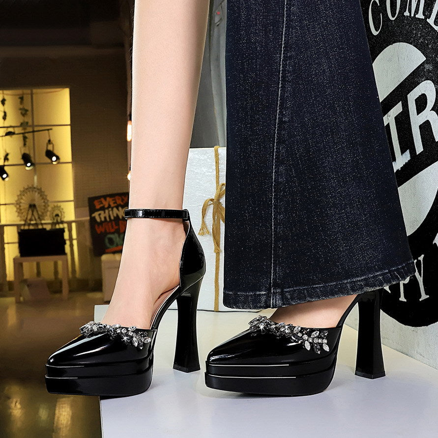 Sexy Rhinestones Buckle Double Layer Waterproof Platform Ultra High Heel Patent Leather Hollowed Sandals Women