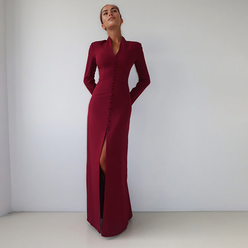 Robe d'automne française unie, col V, taille haute, coupe cintrée et fendue