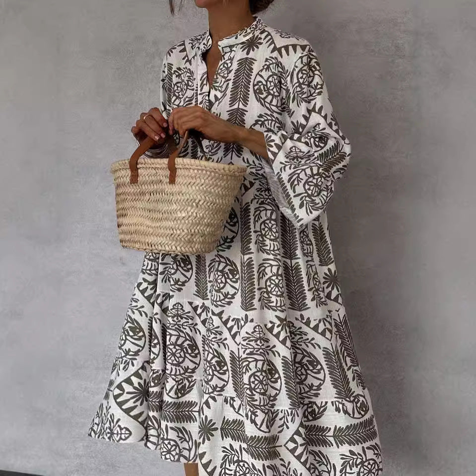 Robe chemise décontractée imprimée à manches 3/4 pour femme