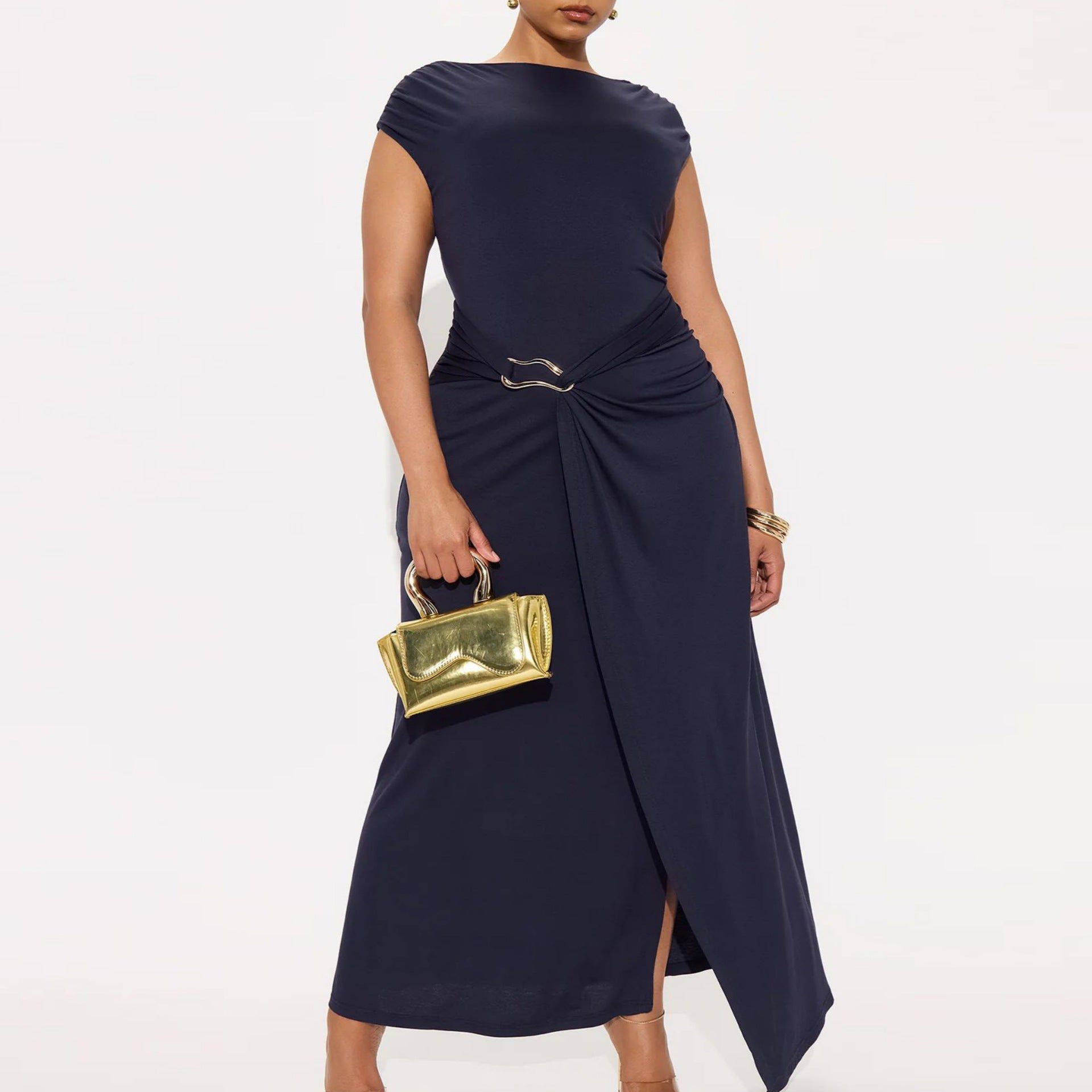 Robe d'été unie pour femme, col rond, coupe cintrée et fendue