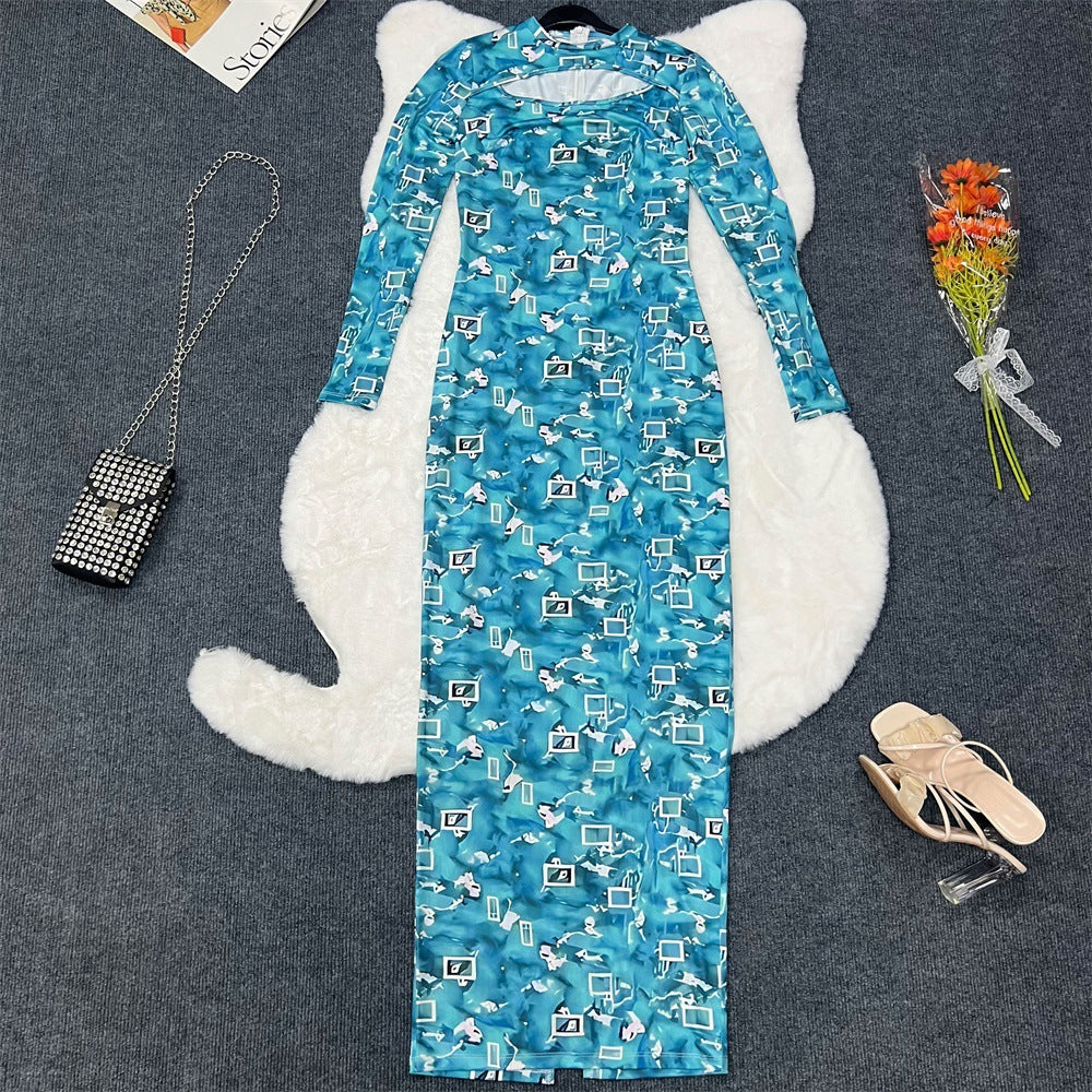 Elegant Turtleneck Long Sleeve Slim Women Clothing Split Print Maxi Dress