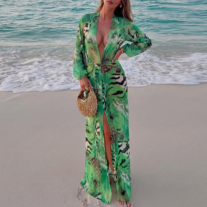 Summer Women Sexy Backless Deep V Plunge Split Long Sleeve Dress