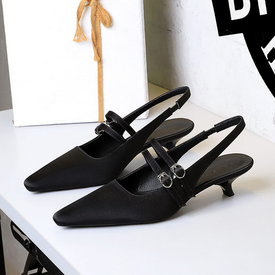 Korean Pointed Toe Strap Hollow Out Cutout Back Shoes Back Strap Comfortable Low Heel Pumps Low Cut Wine Cup Heel Satin Women Shoes