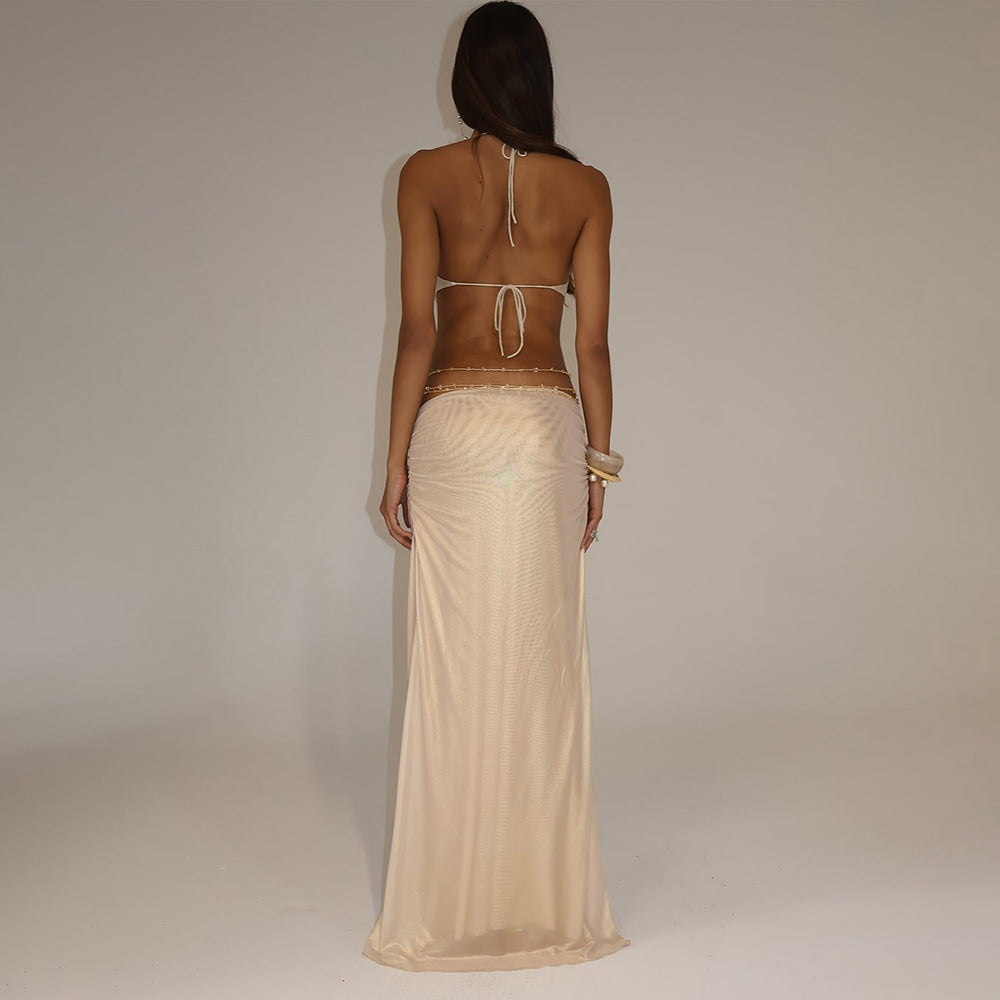 Vestido ajustado de verano de color liso con escote en V profundo y espalda descubierta con cuello halter y corte hipster urbano