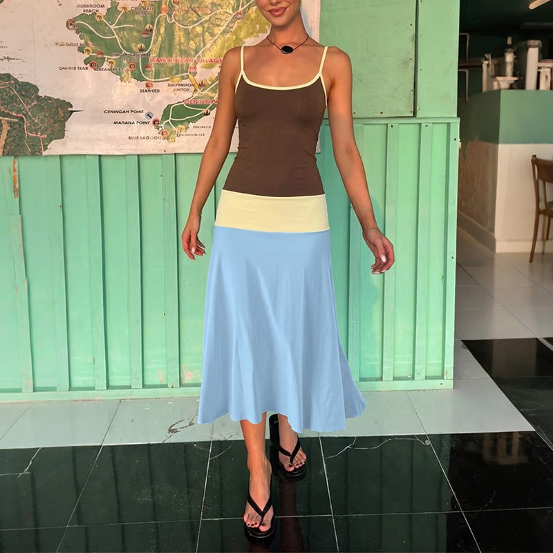 Summer Women Clothing Slim Fit Trend Sexy Color Block Strap Low Collar Dress for Women