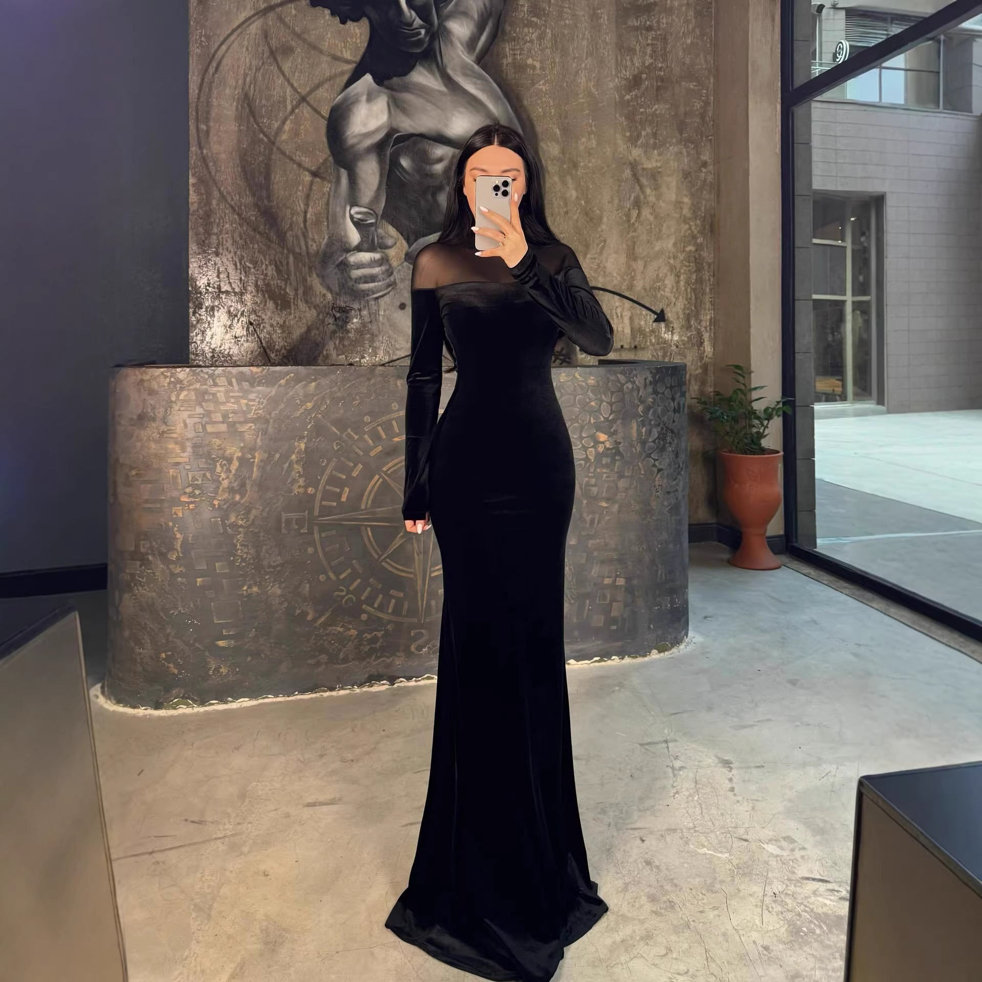 Autumn Winter Women Clothing Velvet Stitching Hip Dress
