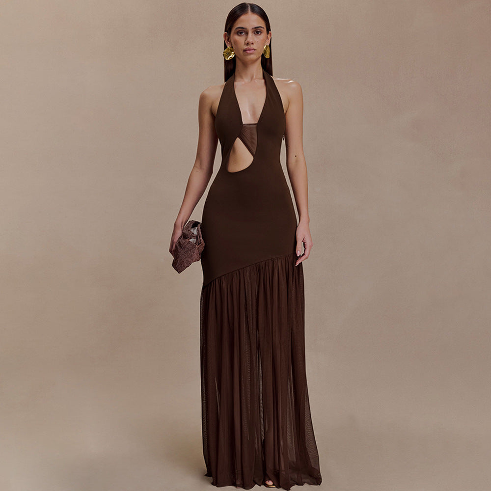 Vestido elegante para mujer, estilo halter, sexy, con escote plisado y espalda descubierta.