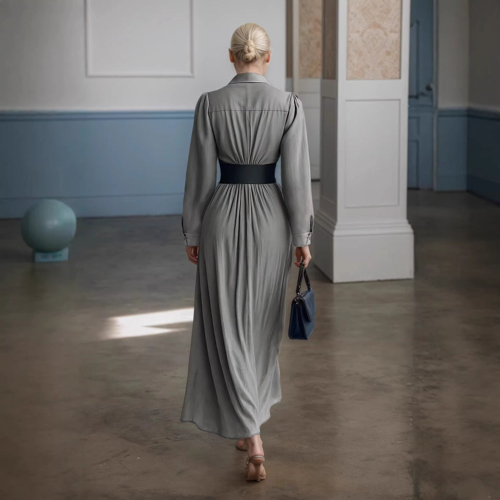 Spring Autumn French Elegant Collared Breasted Shirt Dress with Belt Dress