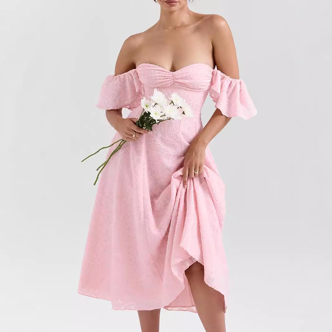 Vestido francés rosa sexy con escote cuadrado, cintura ajustada, espalda descubierta y largo medio para mujer