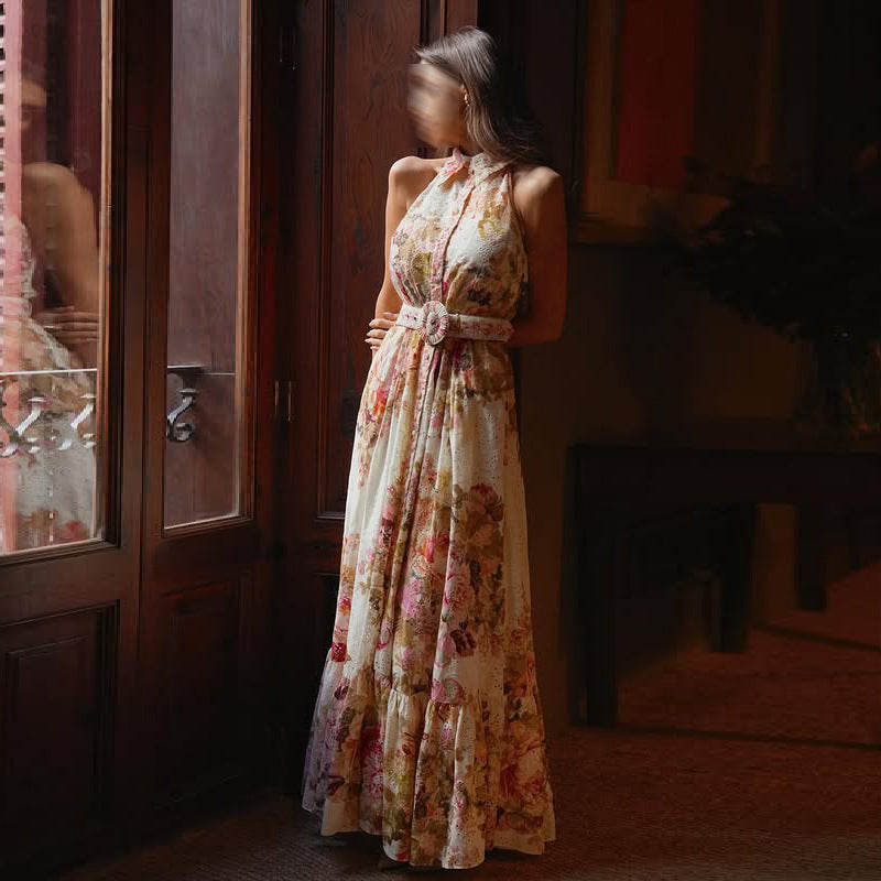 Vestido largo retro francés con estampado floral, de verano, sin mangas, con cuello, cintura ajustada, de una sola botonadura para mujer