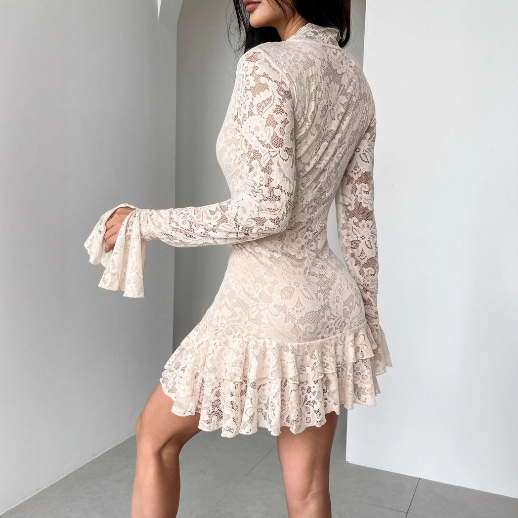 Robe fourreau moulante en dentelle à col en V et double épaisseur à volants, idéale pour l'automne et l'hiver