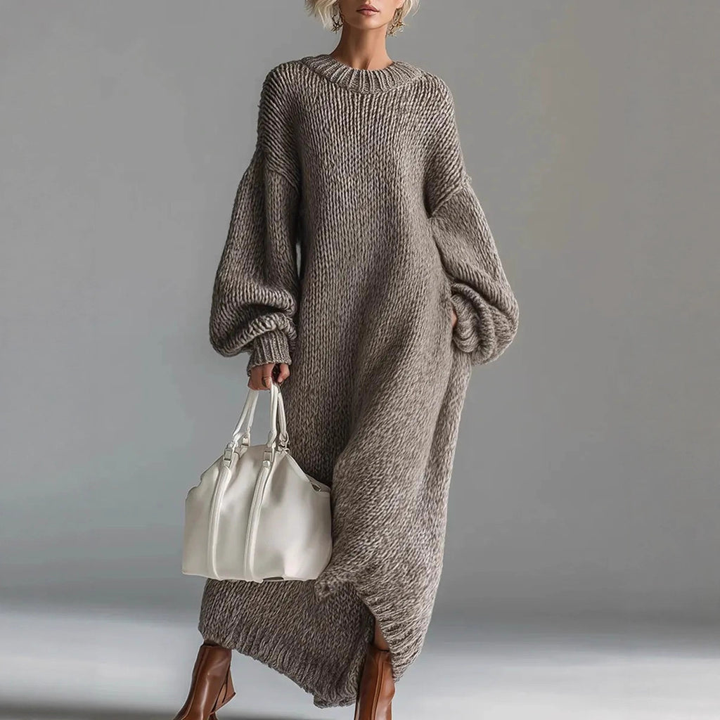 Vestido de punto largo de cuello redondo, manga farol suelta, para mujer