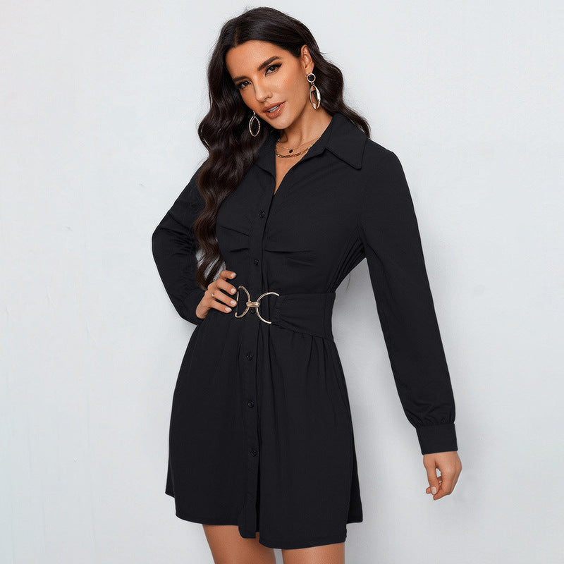 Autumn Casual Office Shirt Dress Single Breasted Black Long Sleeve Collared Dress