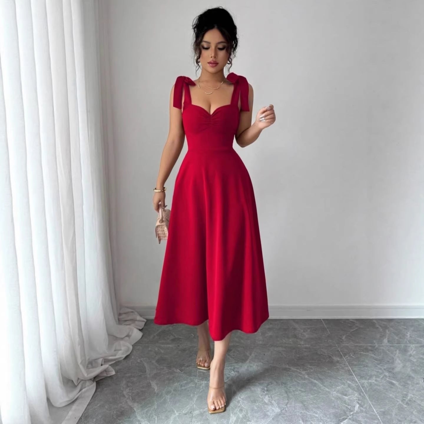 Spring Summer Solid Color Tied Dress Waist Slimming Elegant Graceful Maxi Dress
