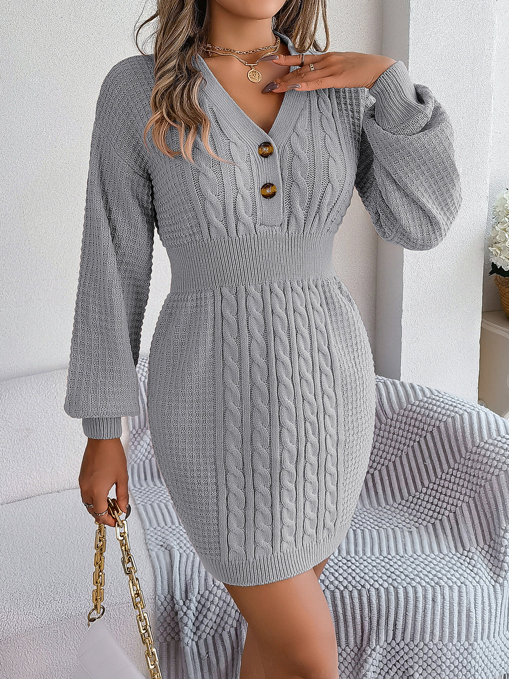 Vestido tipo suéter con cuello en V y mangas abullonadas para mujer, otoño e invierno, con botones y cierre de cremallera