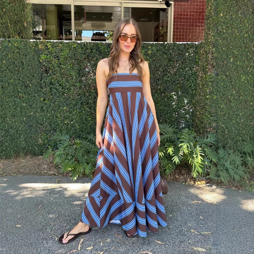 Robe d'été rayée imprimée taille haute grande ampleur robe à bretelles françaises