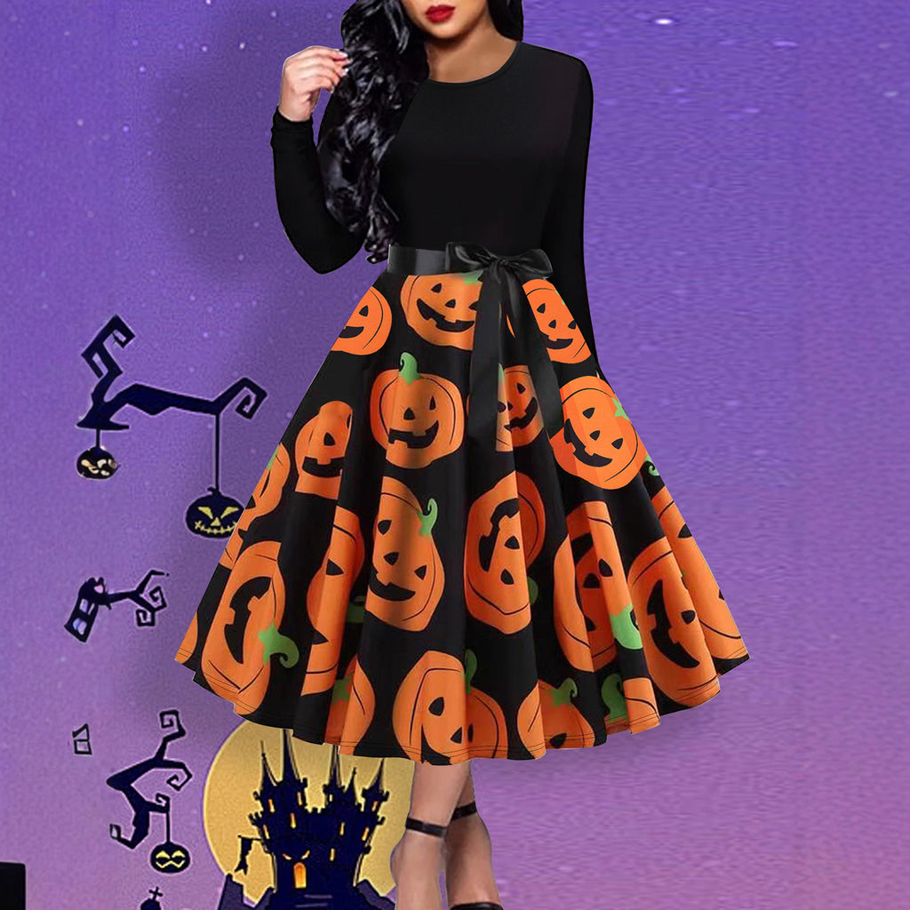 Robe d'Halloween à nœud citrouille pour femme, manches longues, style princesse, décontractée pour les fêtes.