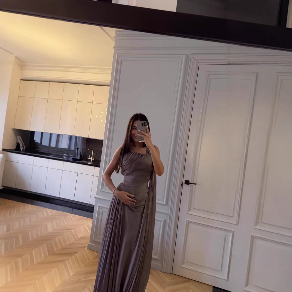 Spring Summer Women Clothing Pleated Ribbon Satin Evening Dress