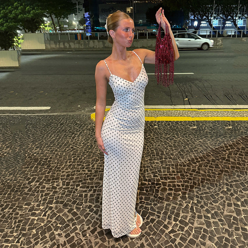 Fashionable Elegant Polka Dot V neck Strap Dress Women Slim Fit Slimming All Matching Sheath Dress