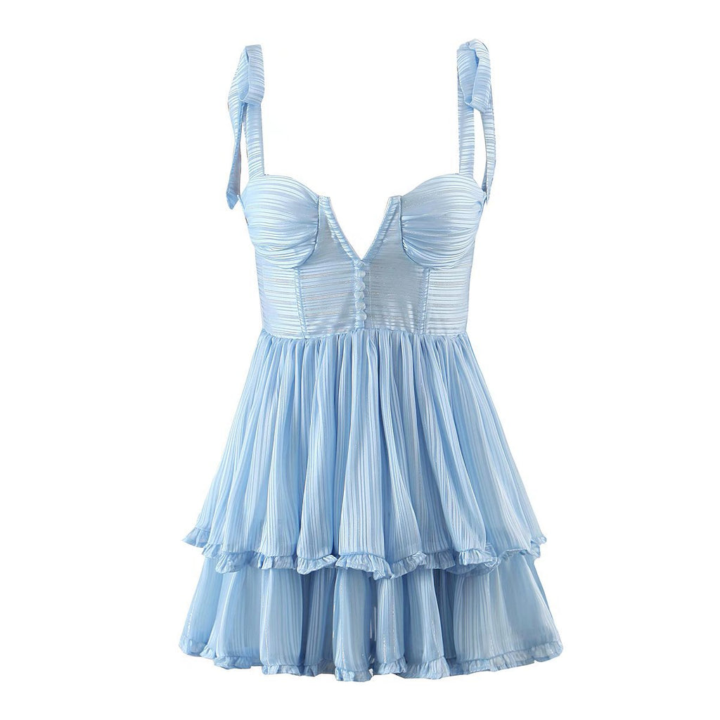 Vestido de gasa de seda de tres capas para mujer, vestido sexy de primavera con tirantes, vestido amplio con vuelo