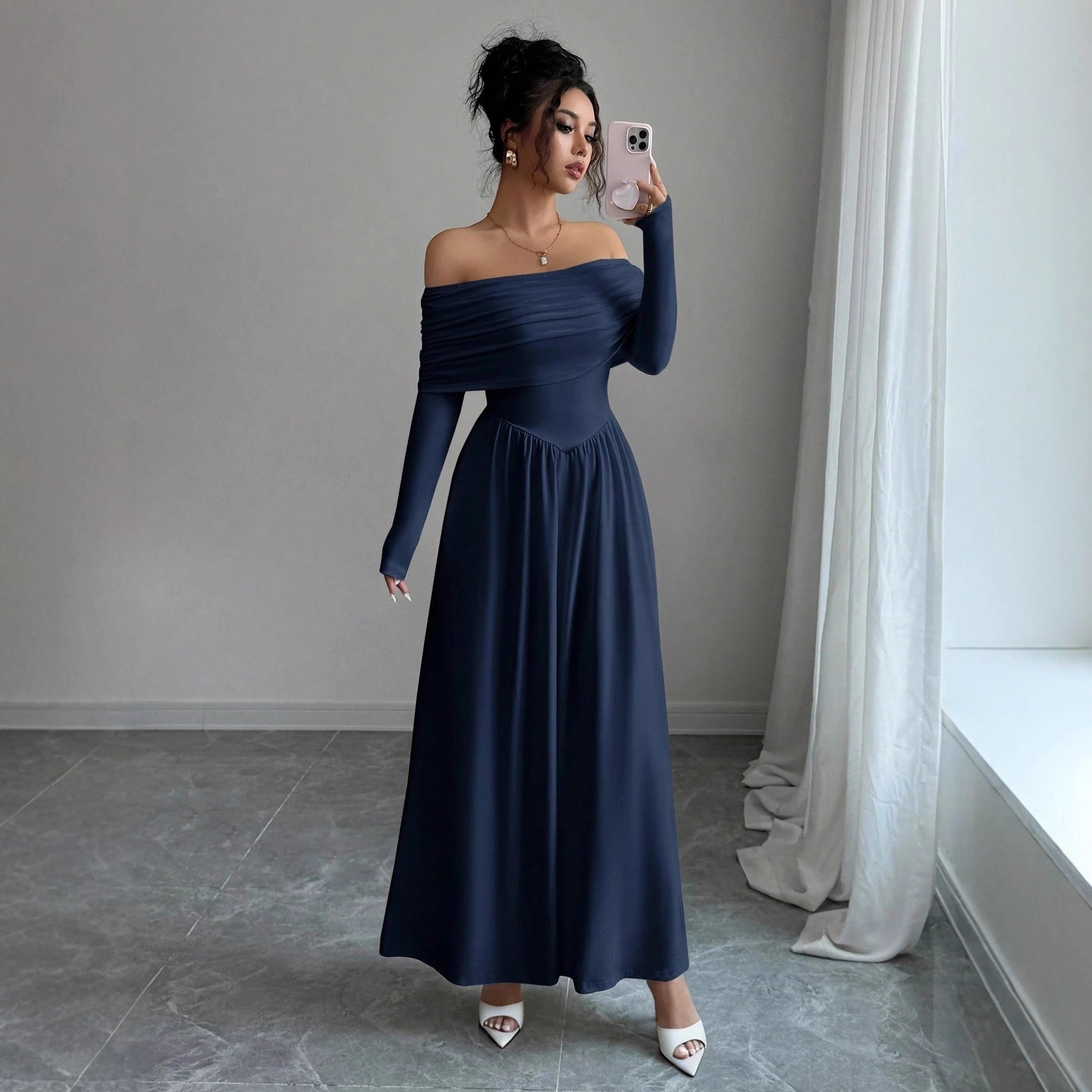 Off Shoulder Dress Women French Tea Break High Sense Cinched Slimming Maxi Dress