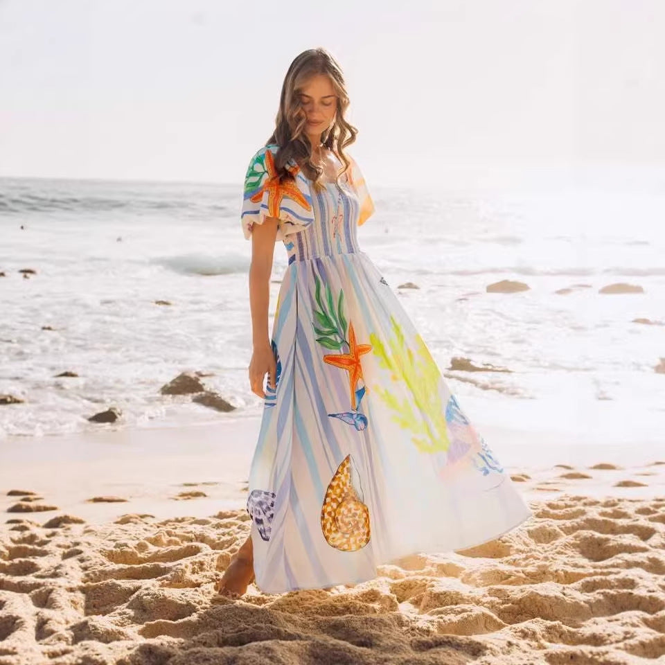 Robe de vacances imprimée créature sous-marine à manches bouffantes