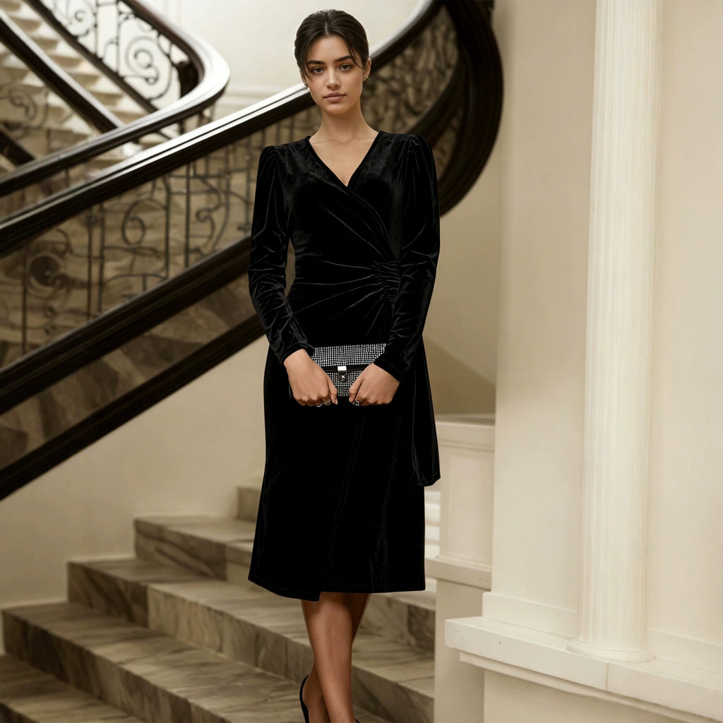 Autumn Winter Velvet V neck Waist Controlled Slimming Pleated Wrap Mid Length Graceful Formal Dress