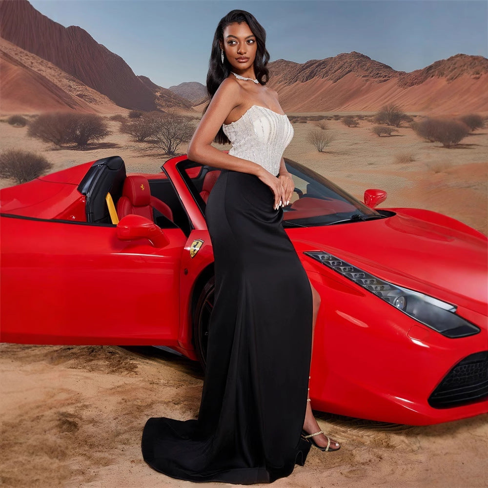 Strapless Boning Corset Stitching Host Bridesmaid Dress Sexy Elegant Formal Evening Dress