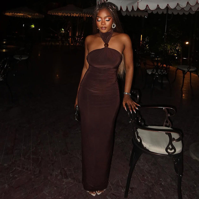 Solid Color Women Curve Slim Hip Dress Halter Bandeau Sexy Elegant Dress