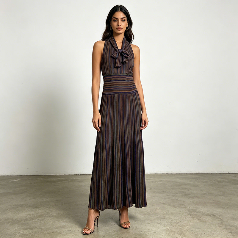 Artistic Retro Contrast Color Striped Dress Sleeveless Halter Collar Fitted High Waist Slimming Dress