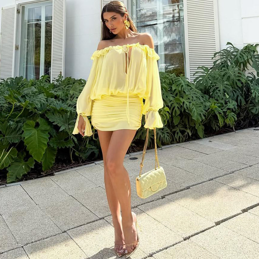 Robe d'automne pour femme, sexy, épaules dénudées, découpes ajourées, ceinture nouée, couleur unie, coupe ajustée, sac banane
