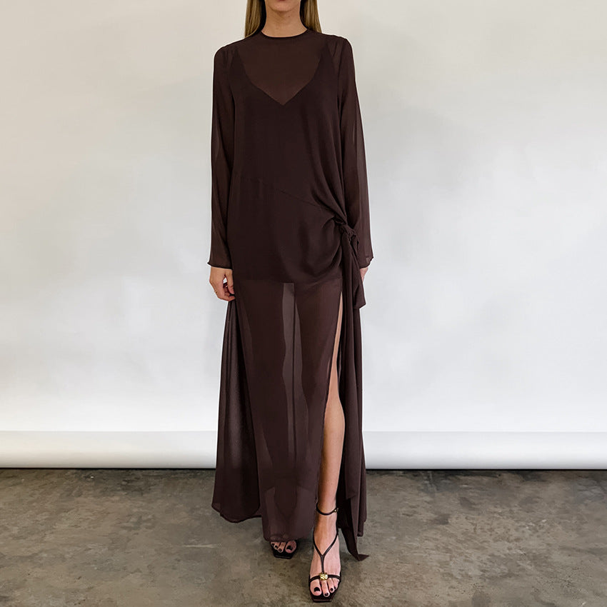 Spring Summer Arrival Mesh See through round Neck Long Sleeve Lace up Bow Split Dress Women