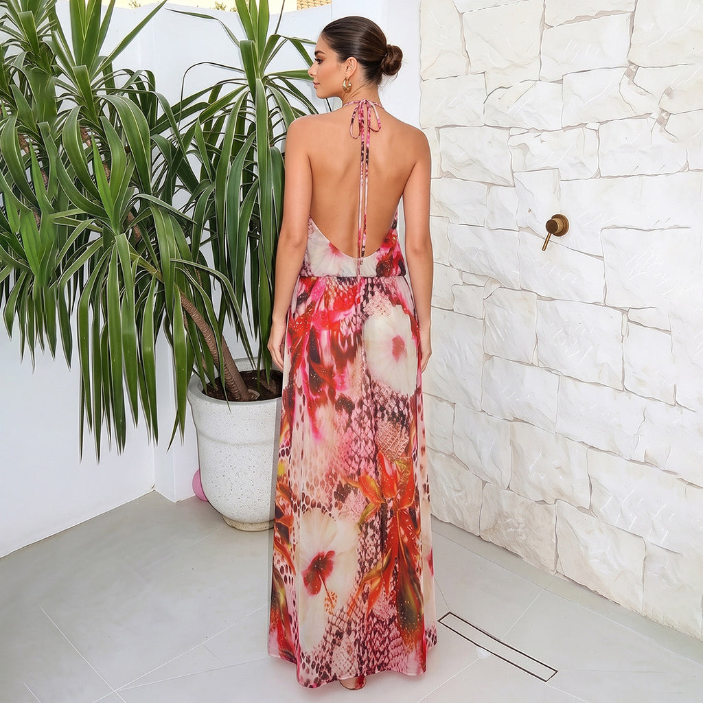 Summer Women Clothing Sexy V neck Halter Backless Split Dress