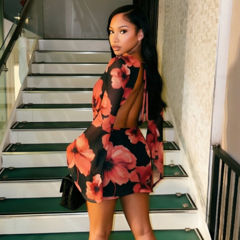 Women Clothing Autumn Mesh Floral Pattern Bell Sleeve Mini Backless Lace up Dress
