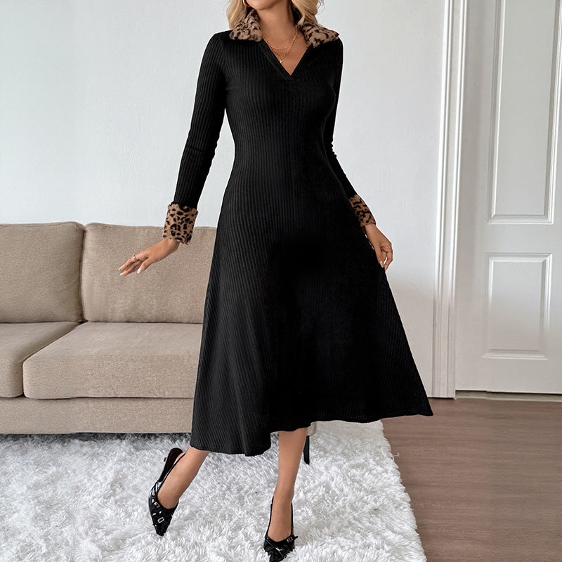 Robe automne-hiver rétro élégante et cintrée à col en V et imprimé léopard assorti