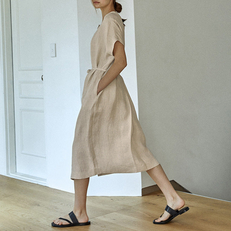 Vestido de verano de lino puro, holgado, con cintura ancha y cordones, midi.