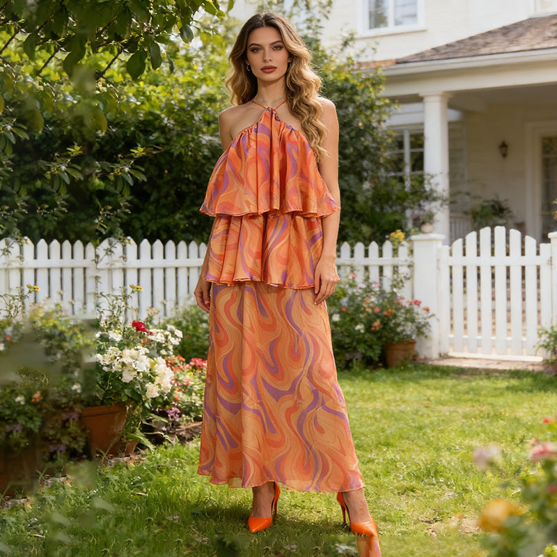 Vestido elegante de otoño e invierno de alta calidad, elegante, sin mangas, con cuello halter y costuras, con volantes y adelgazamiento para mujer