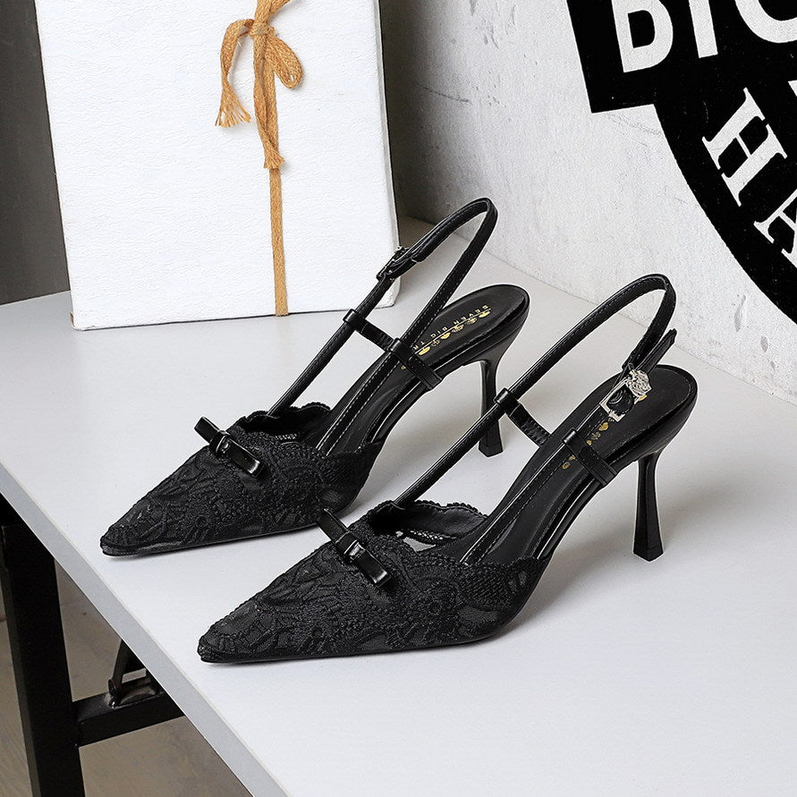 French Ladies Bow Stiletto Heel High Heels Women Sexy Lace Mesh Pointed Toe Buckle