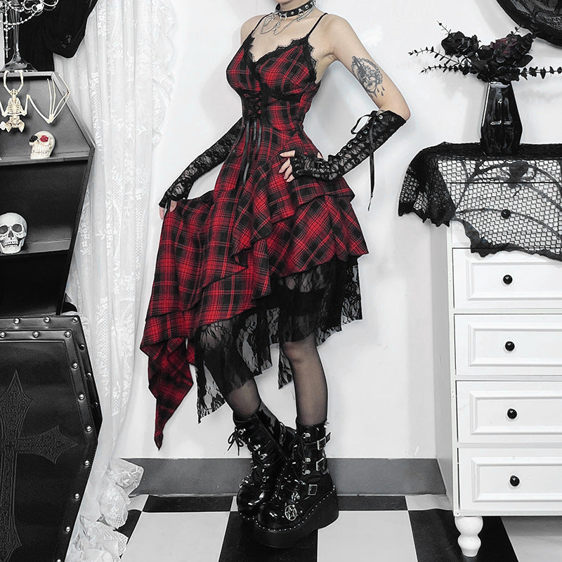 Summer Sling Dark Irregular Asymmetric Stitching Hem Plaid Dress Women